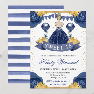 Invitation Robe Navy Watercolor Princess Blonde Sweet 16