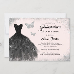 Invitation Robe noire argentée blush papillon Quinceanera
