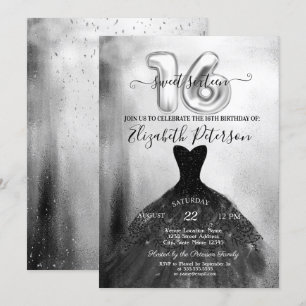Invitation Robe noire chic élégante argent Sweet 16 Party