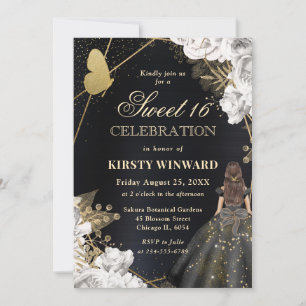 Invitation Robe noire élégante Femme brune Floral Sweet 16