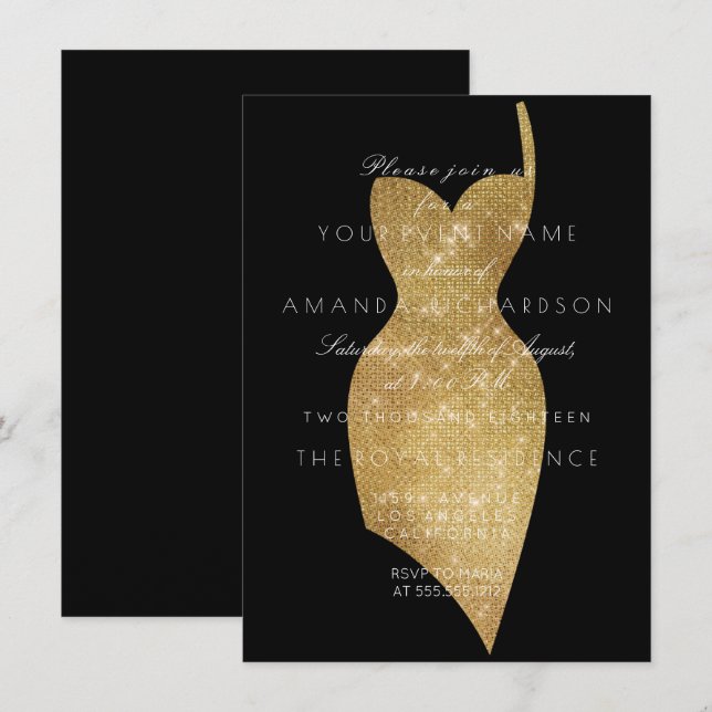 Invitation Robe Noire Golden Sparkly Minimal Sequin Formal (Devant / Derrière)