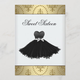 Invitation Robe noire lustre doré Sweet Sixteen Anniversaire