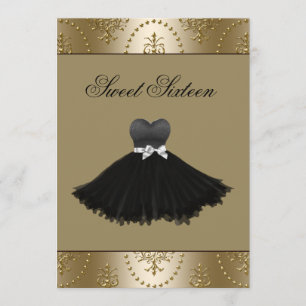 Invitation Robe noire lustre doré Sweet Sixteen Anniversaire