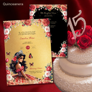 Invitation Robe noire Quinceanera rouge Papillons floraux