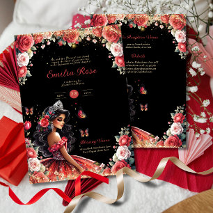 Invitation Robe noire Quinceanera rouge Papillons floraux