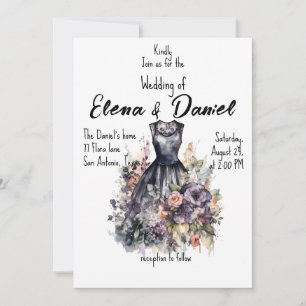 Invitation Robe noire rose d'aquarelle