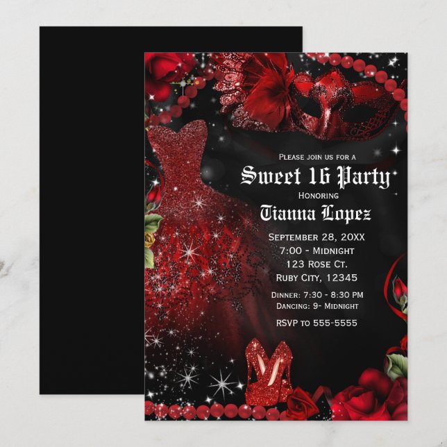 Invitation Robe Noire Rouge Masquerade Sweet 16 Anniversaire (Devant / Derrière)