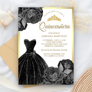 Invitation Robe noire scintillante Roses grises Quinceanera o