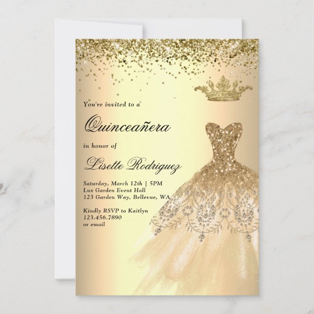 Invitation Robe Or Luxe Couronne Quinceanera (Devant)