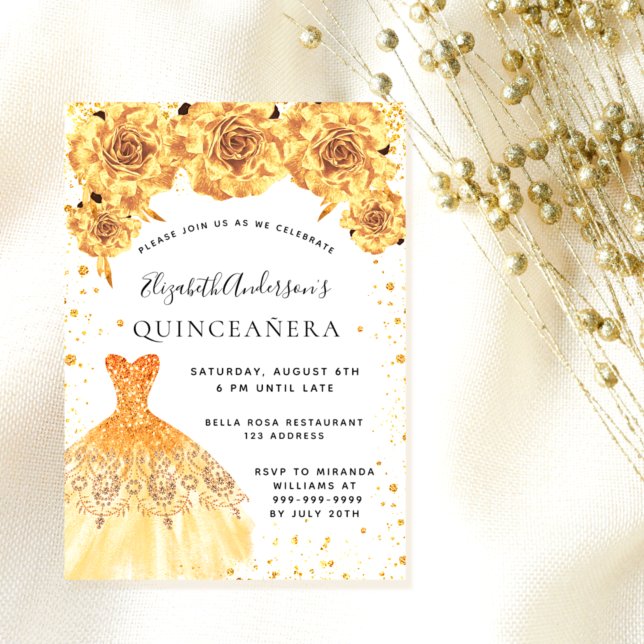 Invitation Robe or Quinceanera robe florale glamour (Créateur téléchargé)