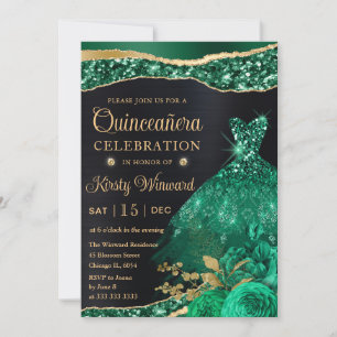 Invitation Robe pailletée verte dorée aquarelle pour Quincean