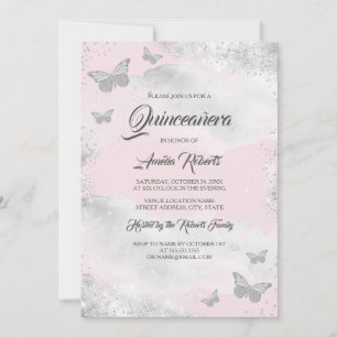 Invitation Robe papillon aquarelle rose argentée Quinceanera