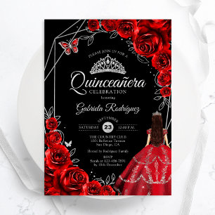 Invitation Robe papillon argent rouge pour Quinceanera Fleurs