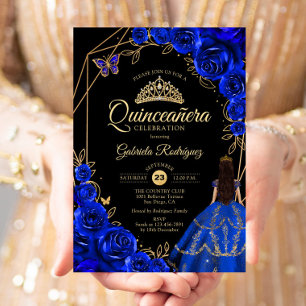 Invitation Robe papillon dorée bleu royal pour Quinceanera Fl