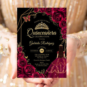 Invitation Robe papillon dorée burgundy pour Quinceanera flor