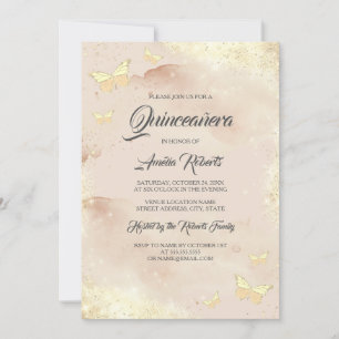 Invitation Robe papillon en or rose aquarelle Quinceanera
