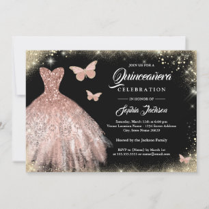 Invitation Robe papillon or rose noire Quinceanera