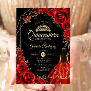 Invitation Robe papillon rouge or Quinceanera florale