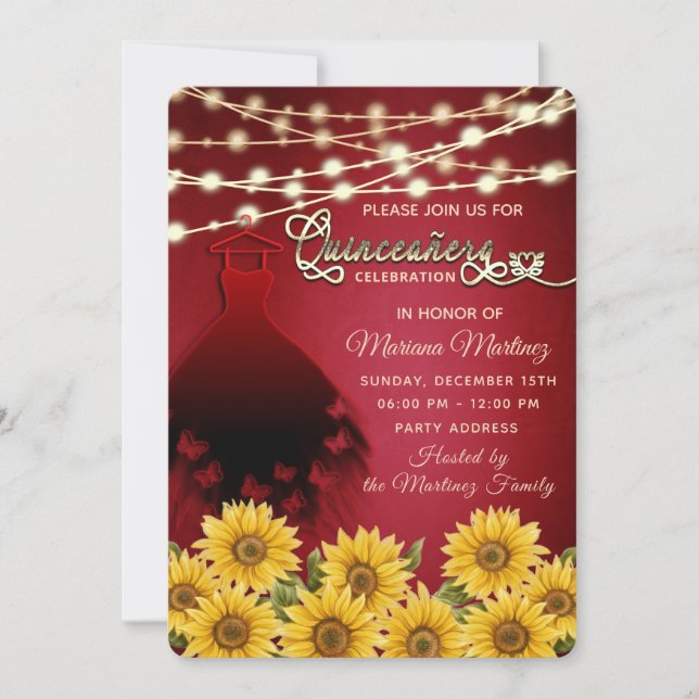 Invitation Robe papillon rouge Tournesol String lumières coin (Devant)