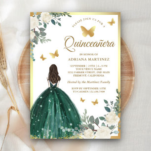 Invitation Robe papillon vert émeraude or Quinceanera