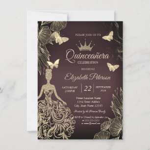 Invitation Robe, papillons dorés fleurs sombre Quinceañera