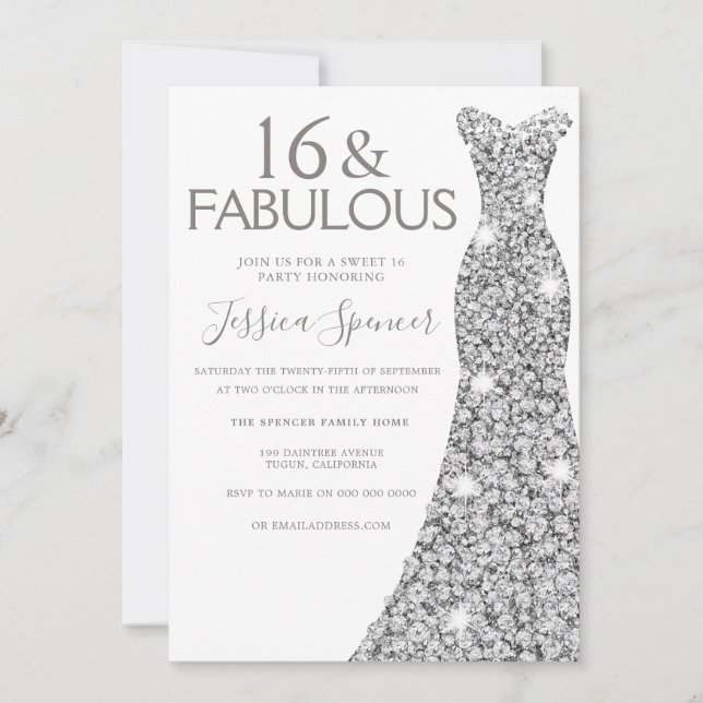 Invitation Robe Parties scintillant argent Fabulous Sweet 16  (Devant)