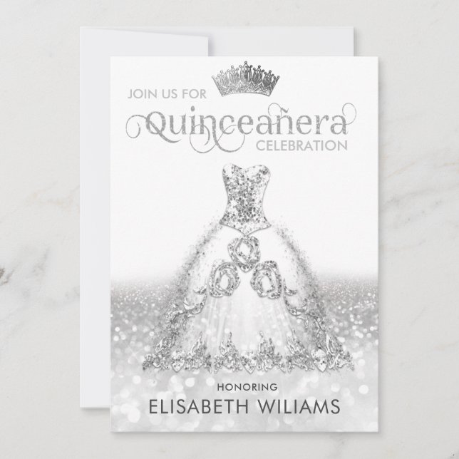 Invitation Robe parties scintillant argent ombre tiara Quince (Devant)