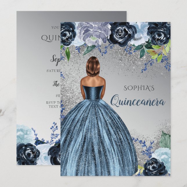 Invitation Robe Parties scintillant bleu argent Quinceañera Q (Devant / Derrière)