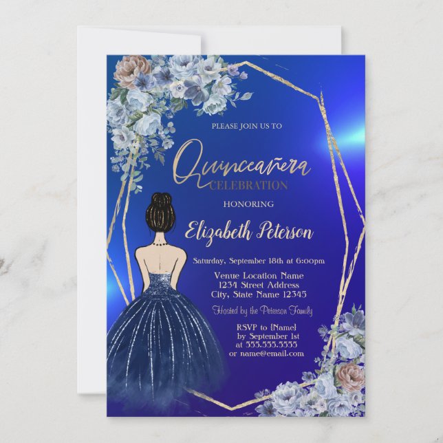 Invitation Robe Parties scintillant Bleue Marine, Fleurs Bleu (Devant)
