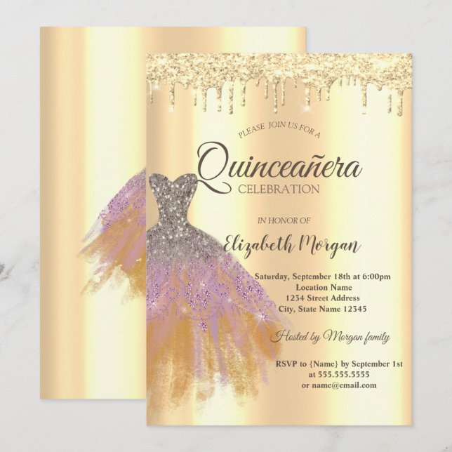 Invitation Robe Parties scintillant Chic, Roulettes d'or Quin (Devant / Derrière)
