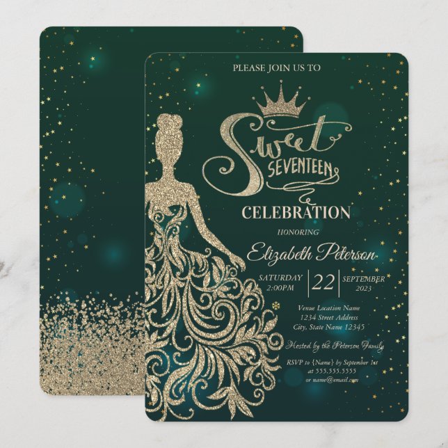 Invitation Robe Parties scintillant d'or, Tiara, Diamants Ver (Devant / Derrière)