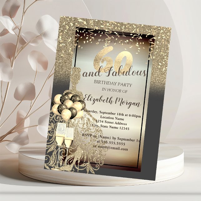 Invitation Robe Parties scintillant or, Ballons, 60e fête d'a (Créateur téléchargé)