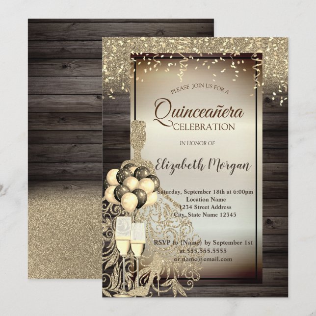 Invitation Robe Parties scintillant or, Ballons, Quinceanera  (Devant / Derrière)