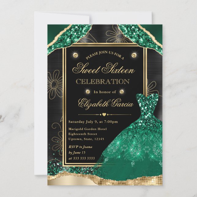 Invitation Robe Parties scintillant or et vert Sweet sixteen (Devant)