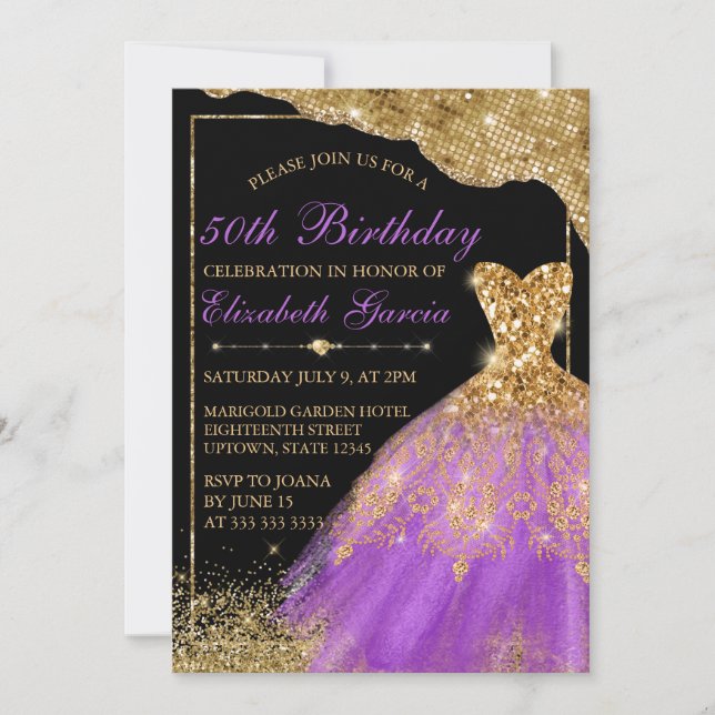 Invitation Robe Parties scintillant or et violet Anniversaire (Devant)