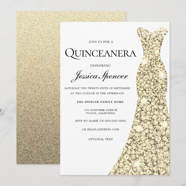 Invitation Robe Parties scintillant or étincelle Quinceanera  (Devant / Derrière)