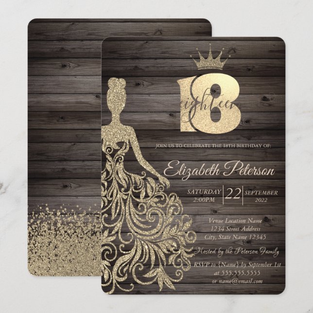 Invitation Robe Parties scintillant or, Tiara, Bois 18e anniv (Devant / Derrière)