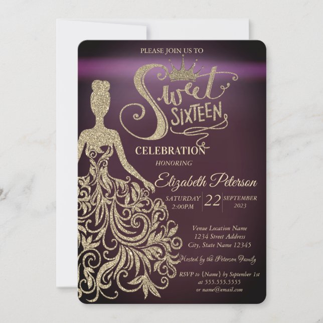 Invitation Robe Parties scintillant or, Tiara Bourgogne Sweet (Devant)