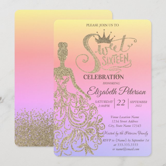 Invitation Robe Parties scintillant or, Tiara, Diamonds Ombre (Devant / Derrière)