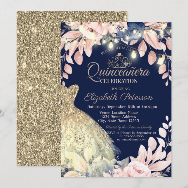 Invitation Robe Parties scintillant or, Tiara Floral Quinceañ (Devant / Derrière)