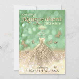 Invitation Robe parties scintillant or vert papillon Quinceañ