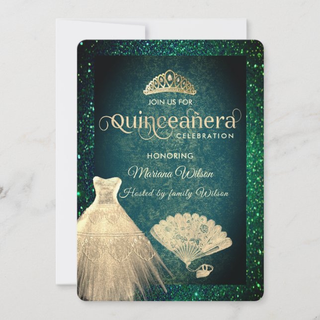Invitation Robe parties scintillant or vert tiara fan Quincea (Devant)