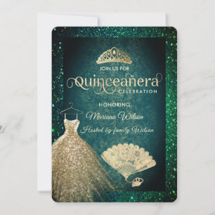 Invitation Robe parties scintillant or verte tiara fan Quince