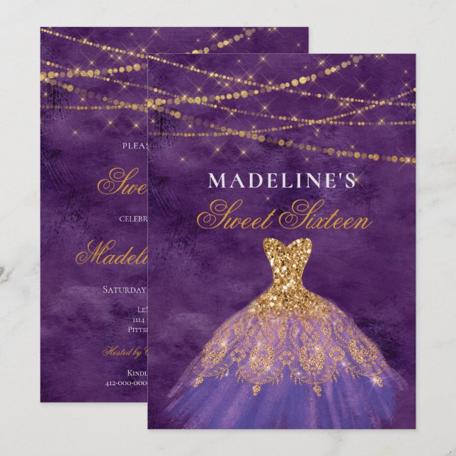 Invitation Robe Parties scintillant violet/or sucré 16 Invita (Devant / Derrière)