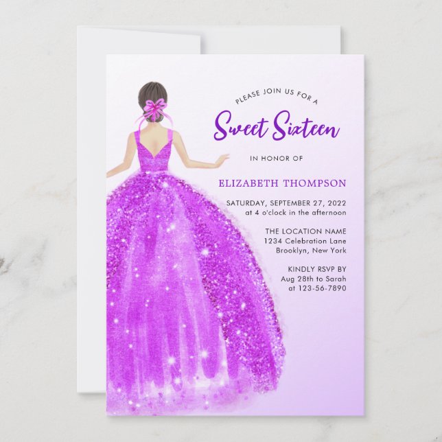 Invitation Robe pourpre Parkling Ombre Sweet 16 Anniversaire (Devant)