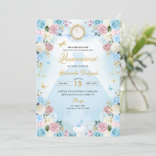 Invitation Robe princesse Cinderella bleu et rose Quinceanera
