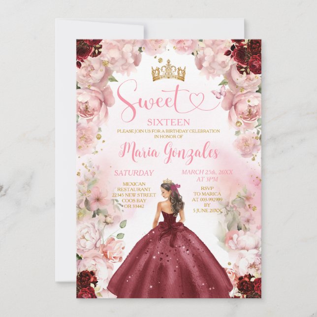 Invitation Robe princesse de Bourgogne rose Sweet sixteen flo (Devant)