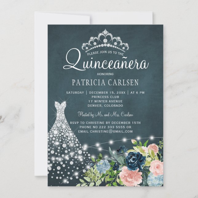 Invitation Robe princesse Diamond aquarelle chic quinceanera (Devant)
