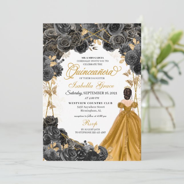Invitation Robe princesse d'or Robe Rose noire Quinceañera (Debout devant)