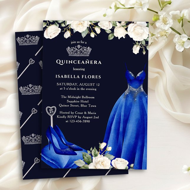 Invitation Robe princesse et Quinceanera bleu Rose (Quinceanera Invitation from the Princess Dress and Roses Quinceanera collection by Darling & May)